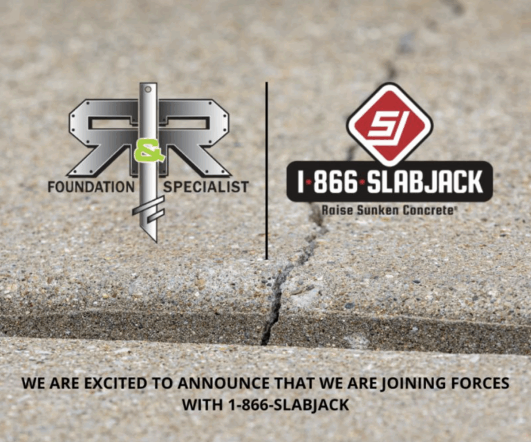 Concrete Leveling & Polyurethane Raising Service R&R Foundation and 1-866-SLABJACK logos
